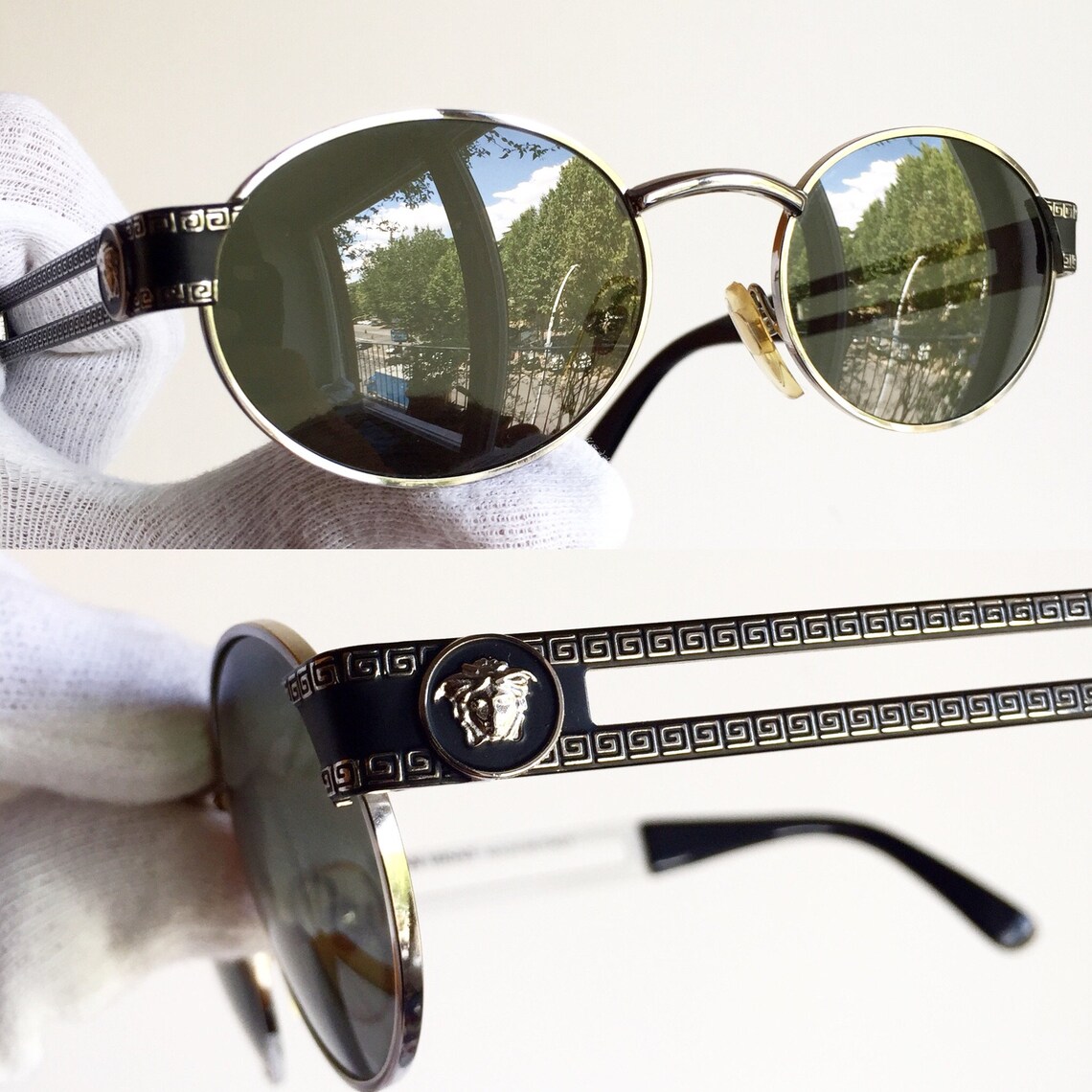 VERSACE Vintage Sunglasses Rare Black Oval Round Silver Greek Etsy
