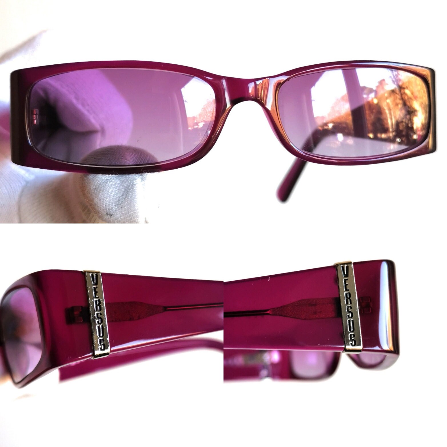 VERSACE Vintage Sunglasses Purple Rectangular Small Oval  display picture 3