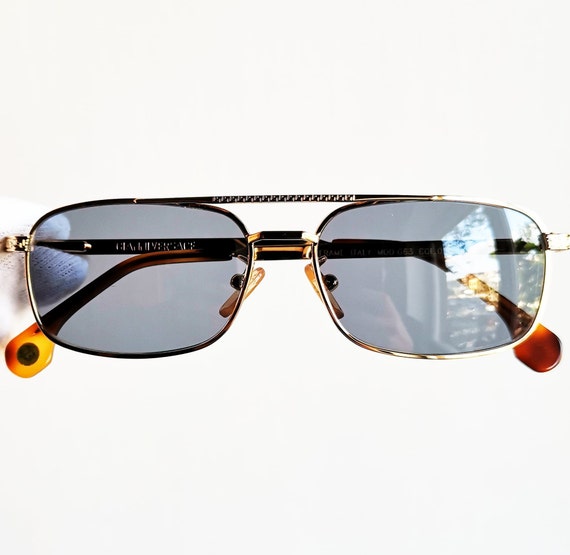 VERSACE Vintage Sunglasses Oval Aviator Rectangular Gold Brown