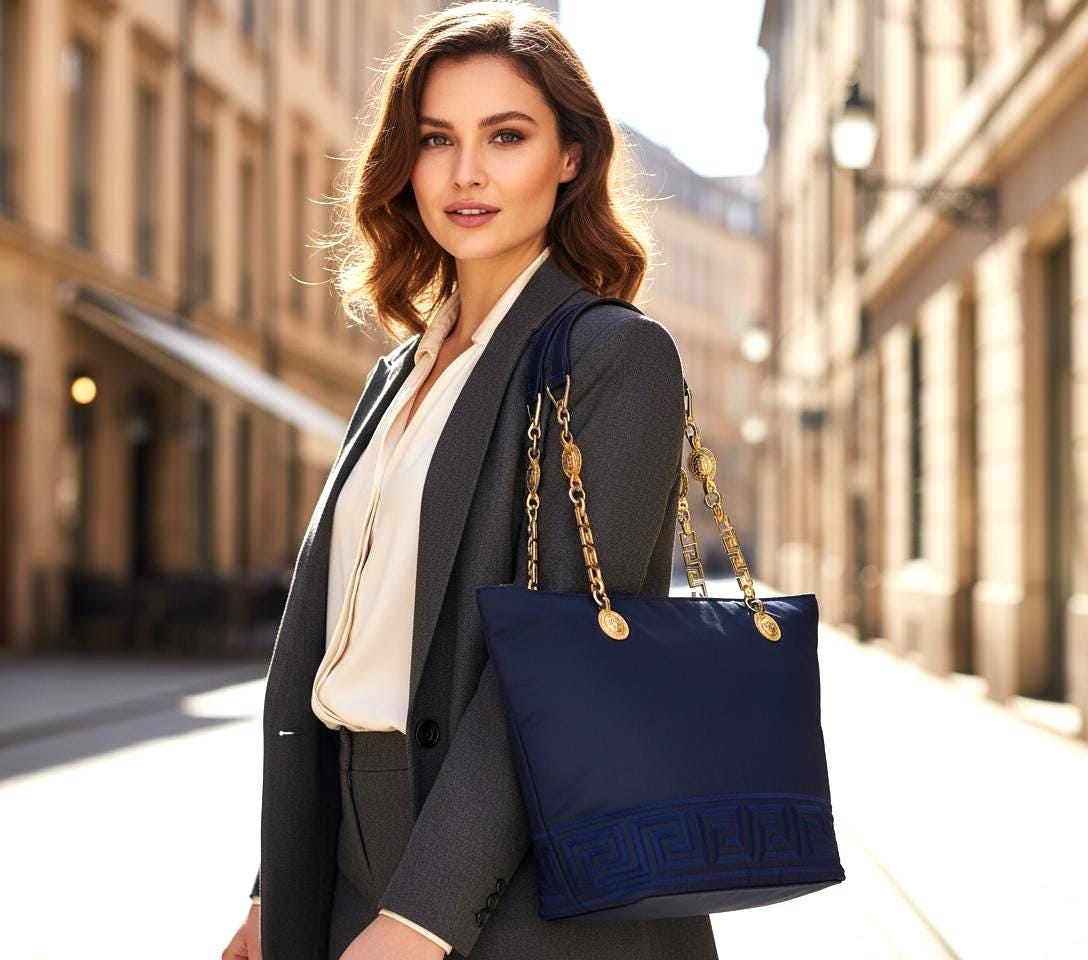 VERSACE Vintage Bag Gold Shoulder Chain Greek Key Strap Blue