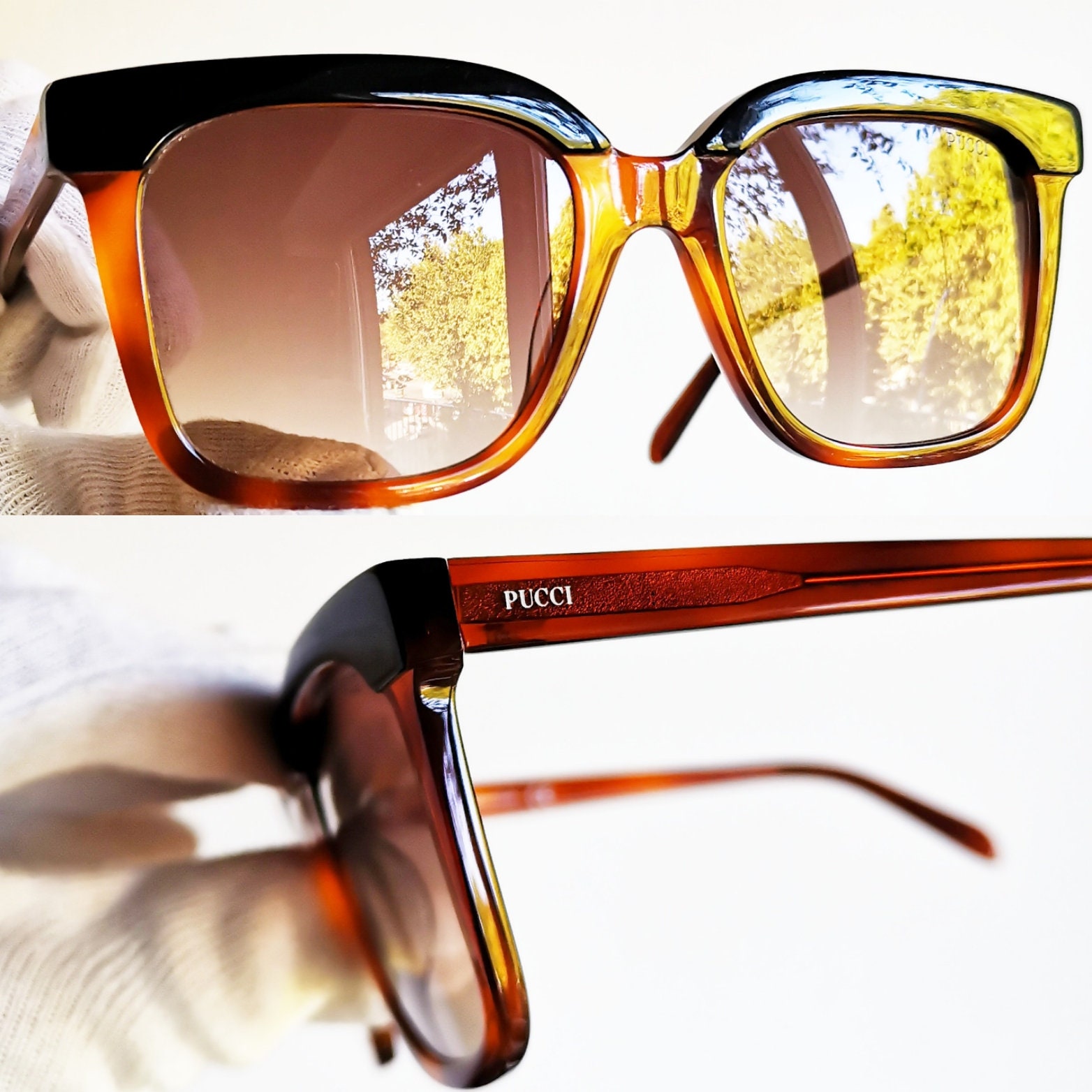 EMILIO PUCCI Square Sunglasses Brown Black Eyebrow Accent 