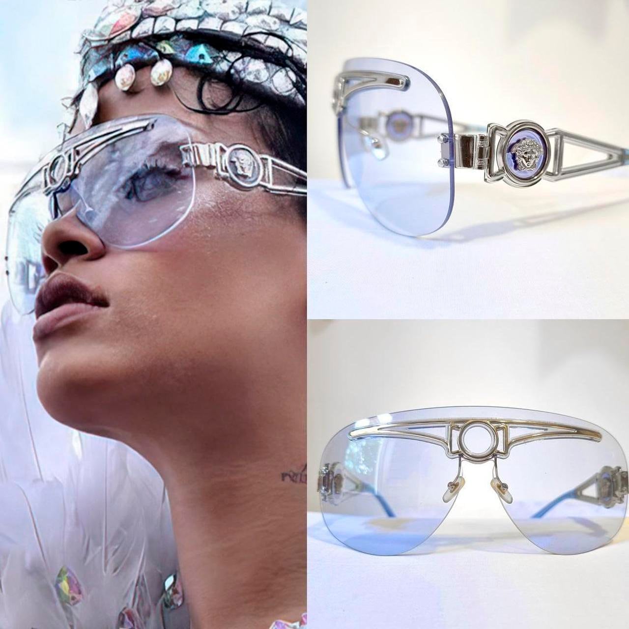 VERSACE Vintage Sunglasses Blue Gold Medusa Aviator Wrap Mask