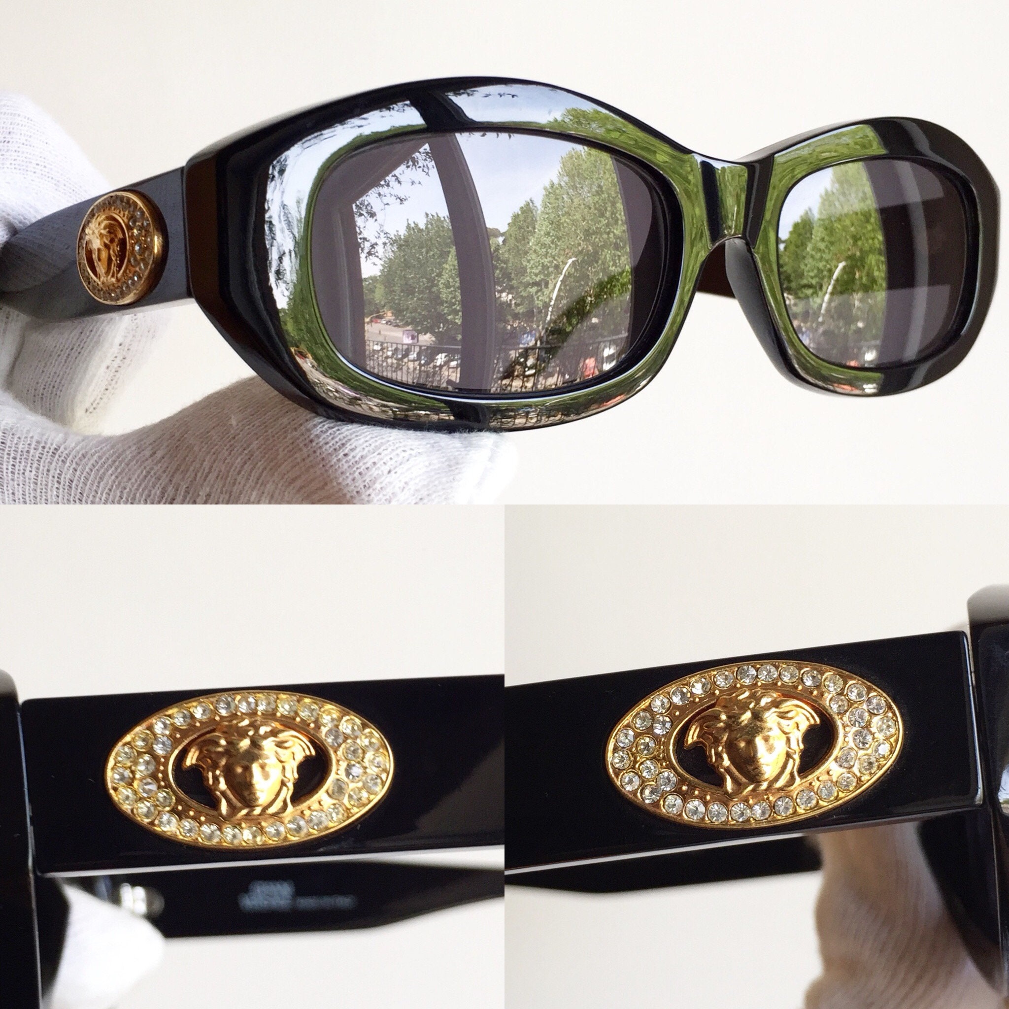 VERSACE Vintage Sunglasses Black Oval Gold Medusa Strass VERSACE Vintage Sunglasses Black Oval Gold Medusa Strass