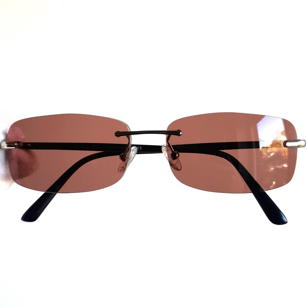 PRADA Vintage Sunglasses Frameless Oval Rectangular Blue Silver