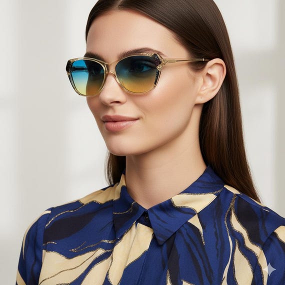 BRILLE vintage sunglasses cateye clear white rhinestone blue purple frame yellow lens NOS 90s