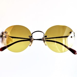 VALENTINO vintage Sunglasses rare round gold rim yellow mirror lenses rimless grunge 1383 small frame Migos oval pantos OLIVER new NOS 90s