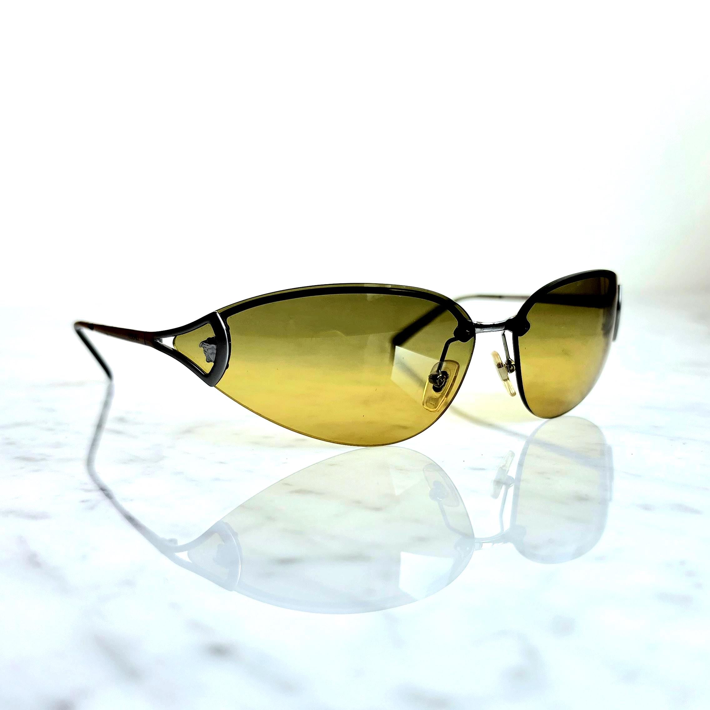 VERSACE Vintage Sunglasses Yellow Rimless Silver Medusa Gianni