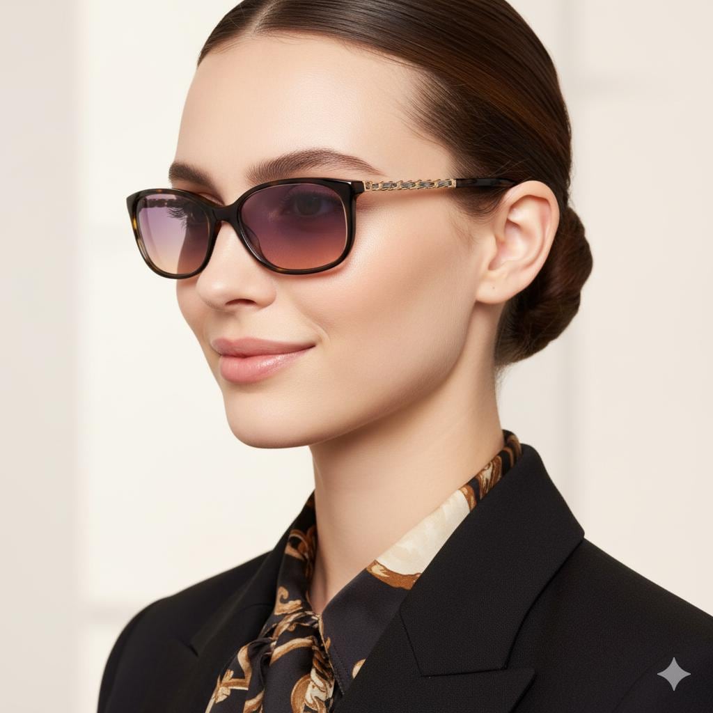 CHANEL Vintage Sunglasses Gold Chain Cateye Leather Temple Frame
