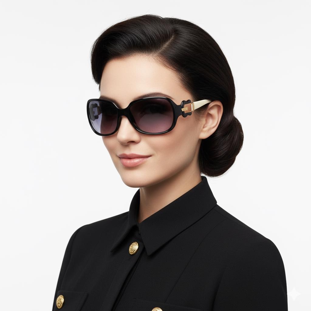 FENDI Vintage Sunglasses Black White Gold Belt Buckle Guitar Frame