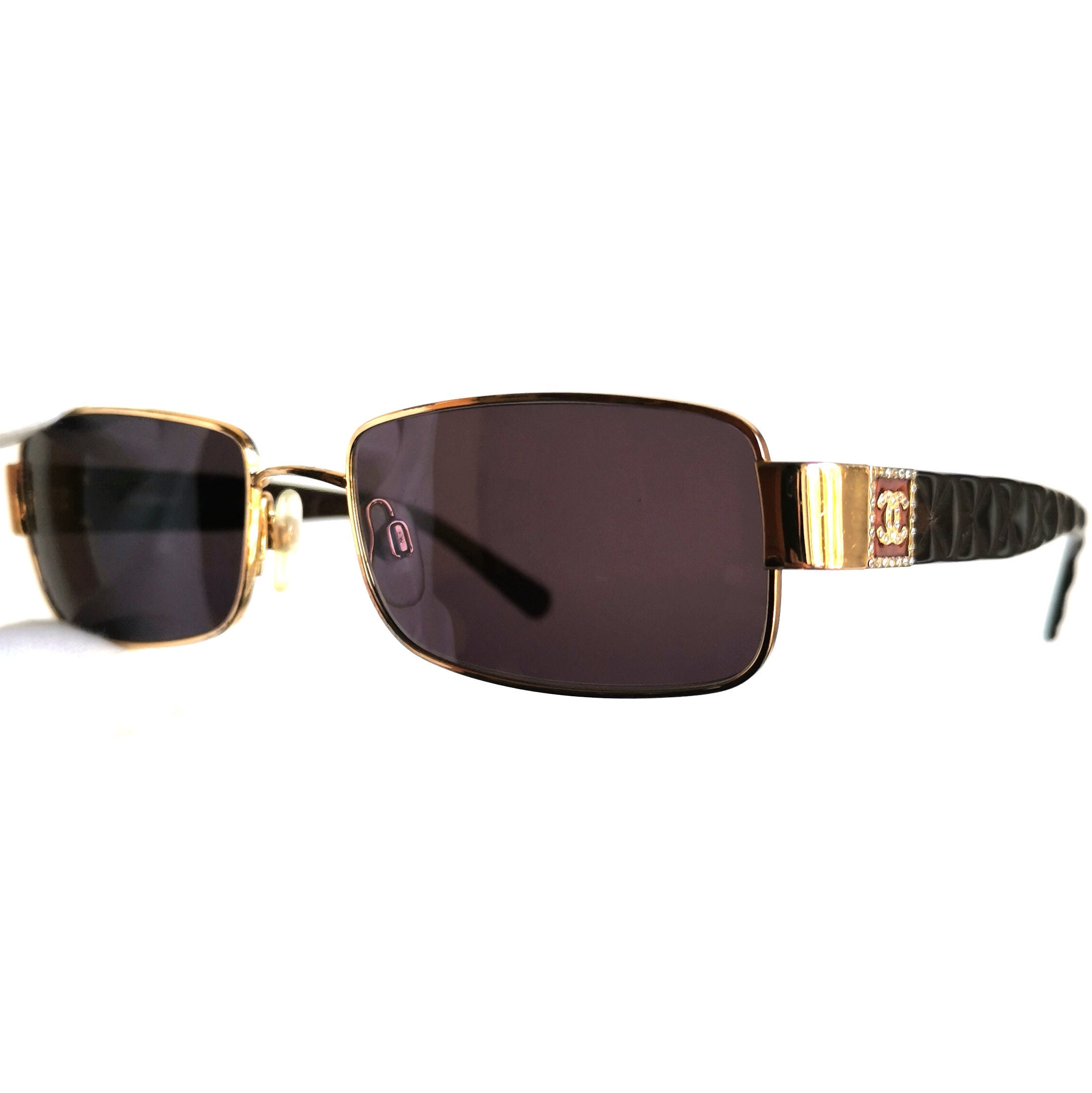 CHANEL Vintage Sunglasses Rare Gold Rectangular Square Strass 
