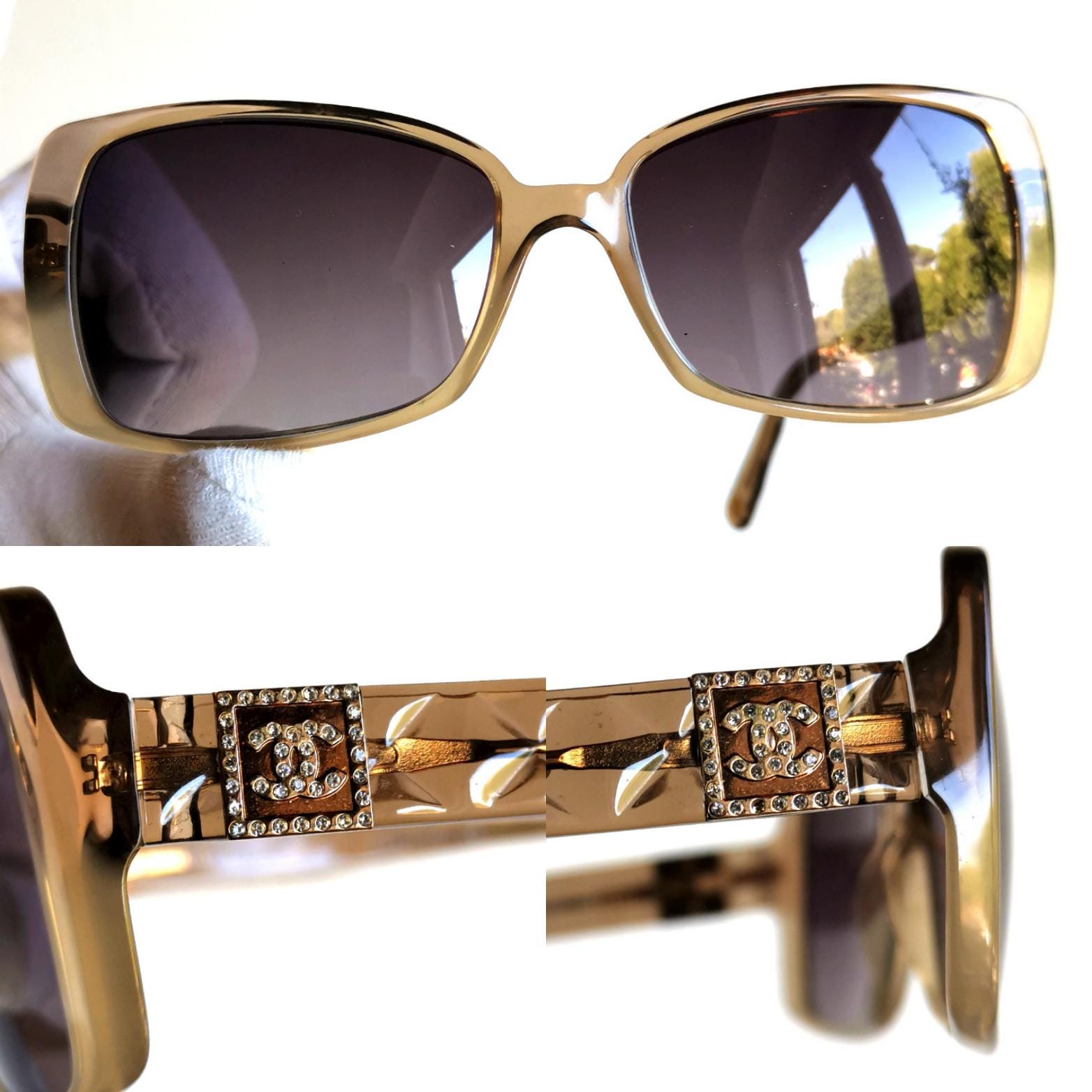 小物 CHANEL sunglasses archive 00 90 gold CHANEL Vintage Sunglasses Gold Rectangular Square Strass Brown