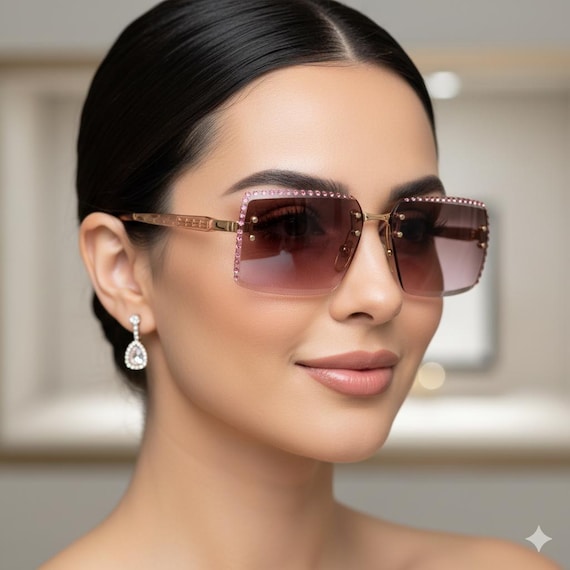 VERSACE Vintage Sunglasses Purple Pink Rhinestone Gold Square