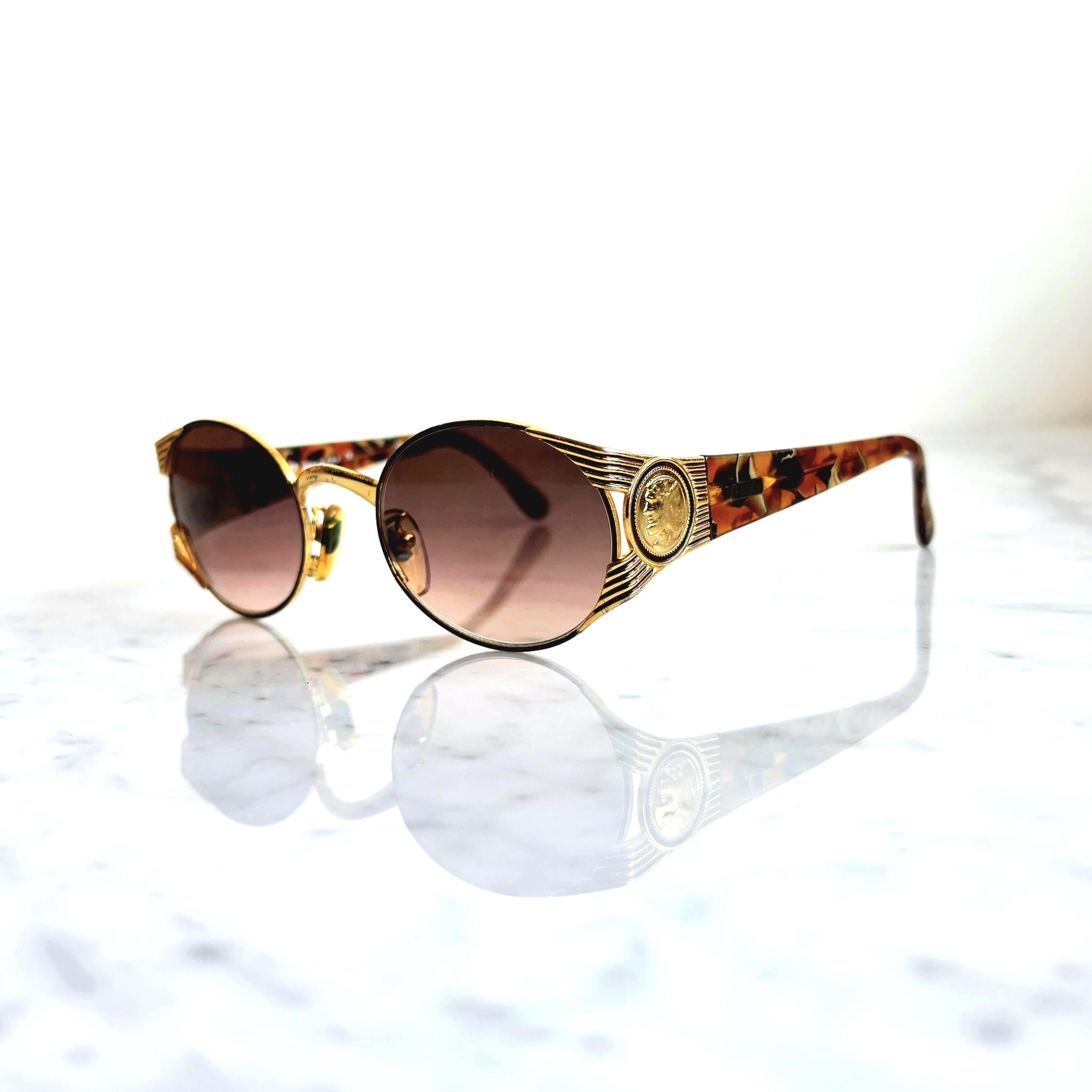 FENDI Vintage Sunglasses Oval Round Gold Tortoise Brown Lens 