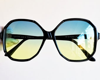 Square octagonal sunglasses vintage hexagon matte black frame MOTGOS blue yellow lens 80s