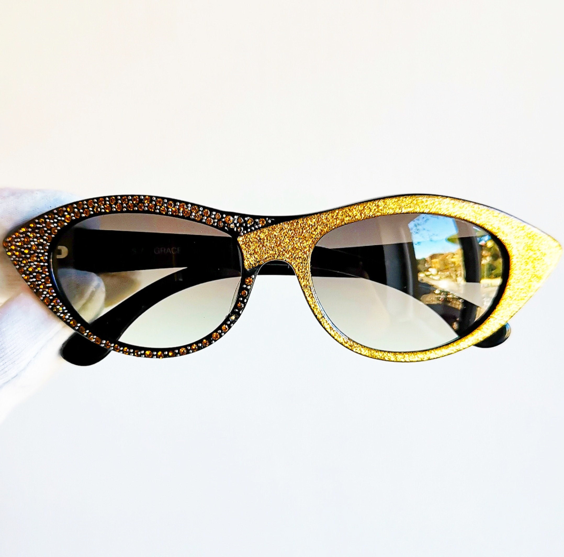 Vintage Rockabilly Stil Sonnenbrille Frauen Cat Eye Form Strass Hippie 