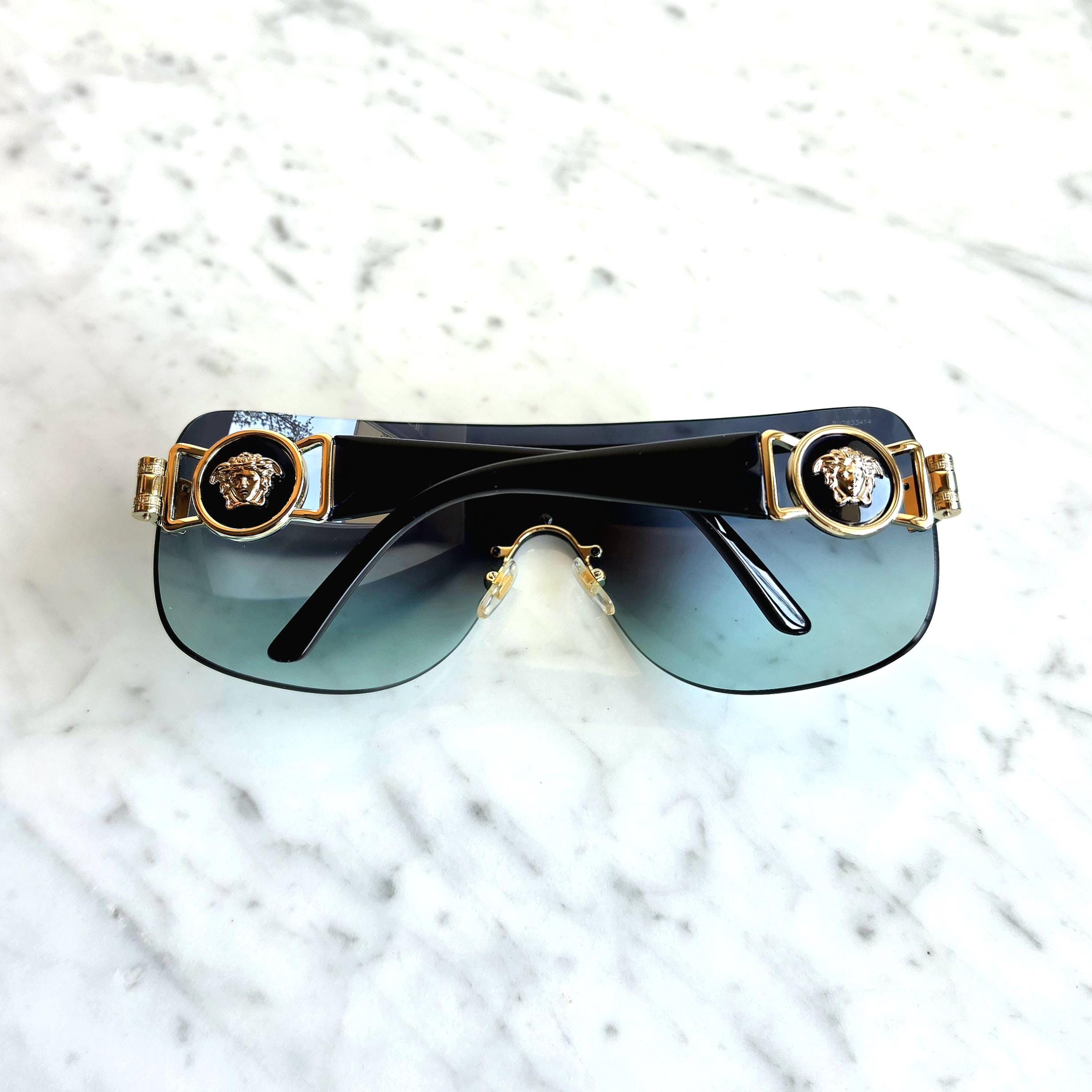 VERSACE Vintage Sunglasses Blue Gold Medusa Aviator Wrap Mask