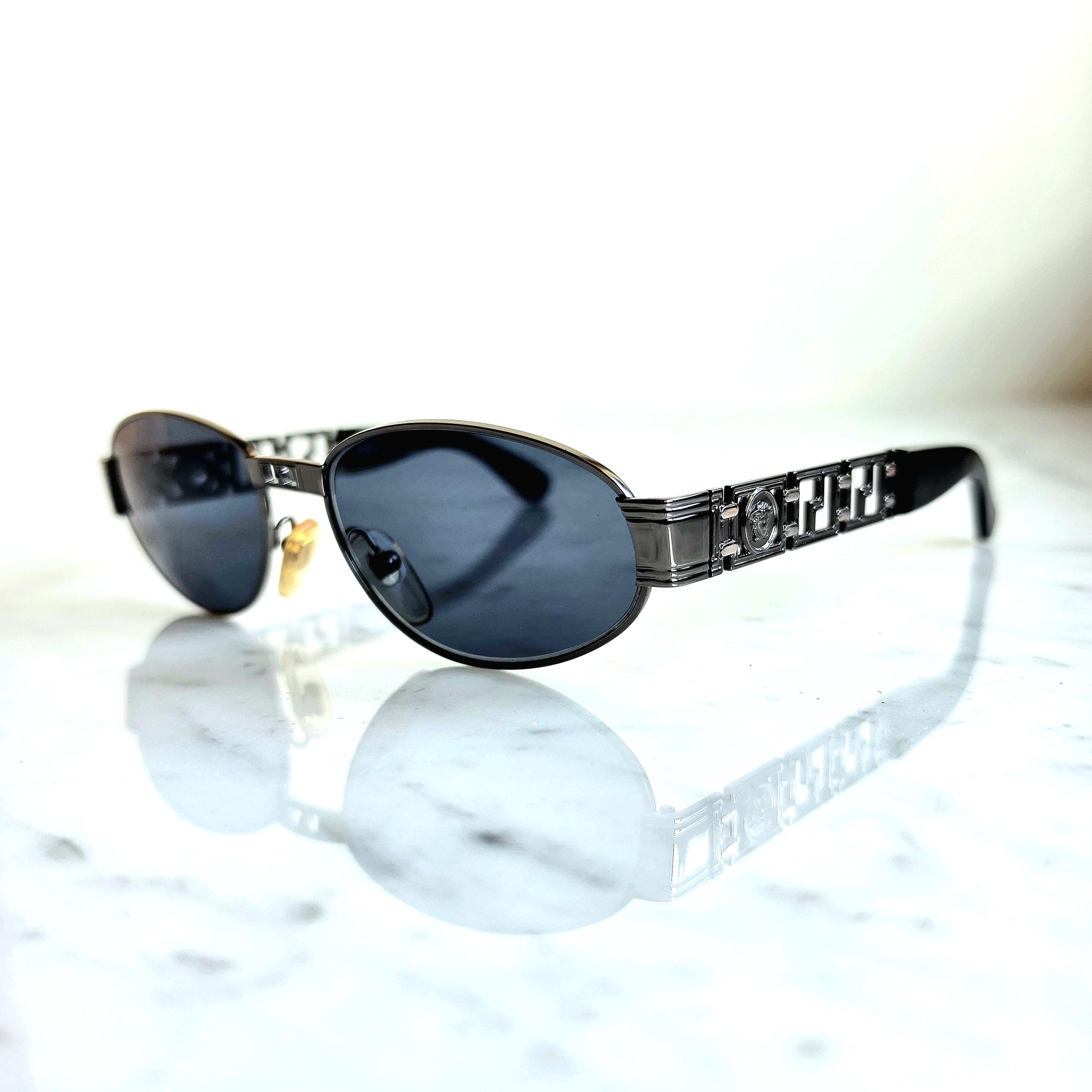 VERSACE Vintage Sunglasses Medusa Oval Silver Black Small S44