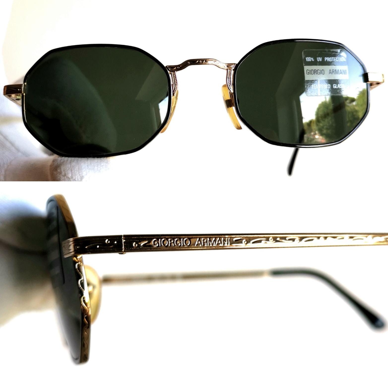ARMANI Vintage Sunglasses Hexagon Squared Gold Black 622 Frame