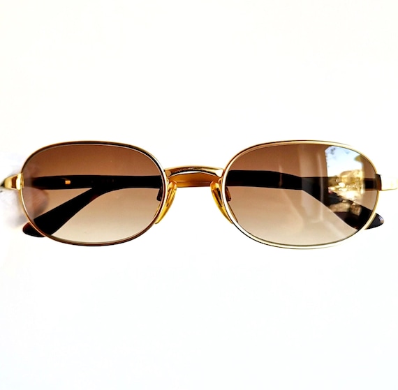 BVLGARI Vintage Sunglasses Oval Gold 101 Frame Brown Flat Blue