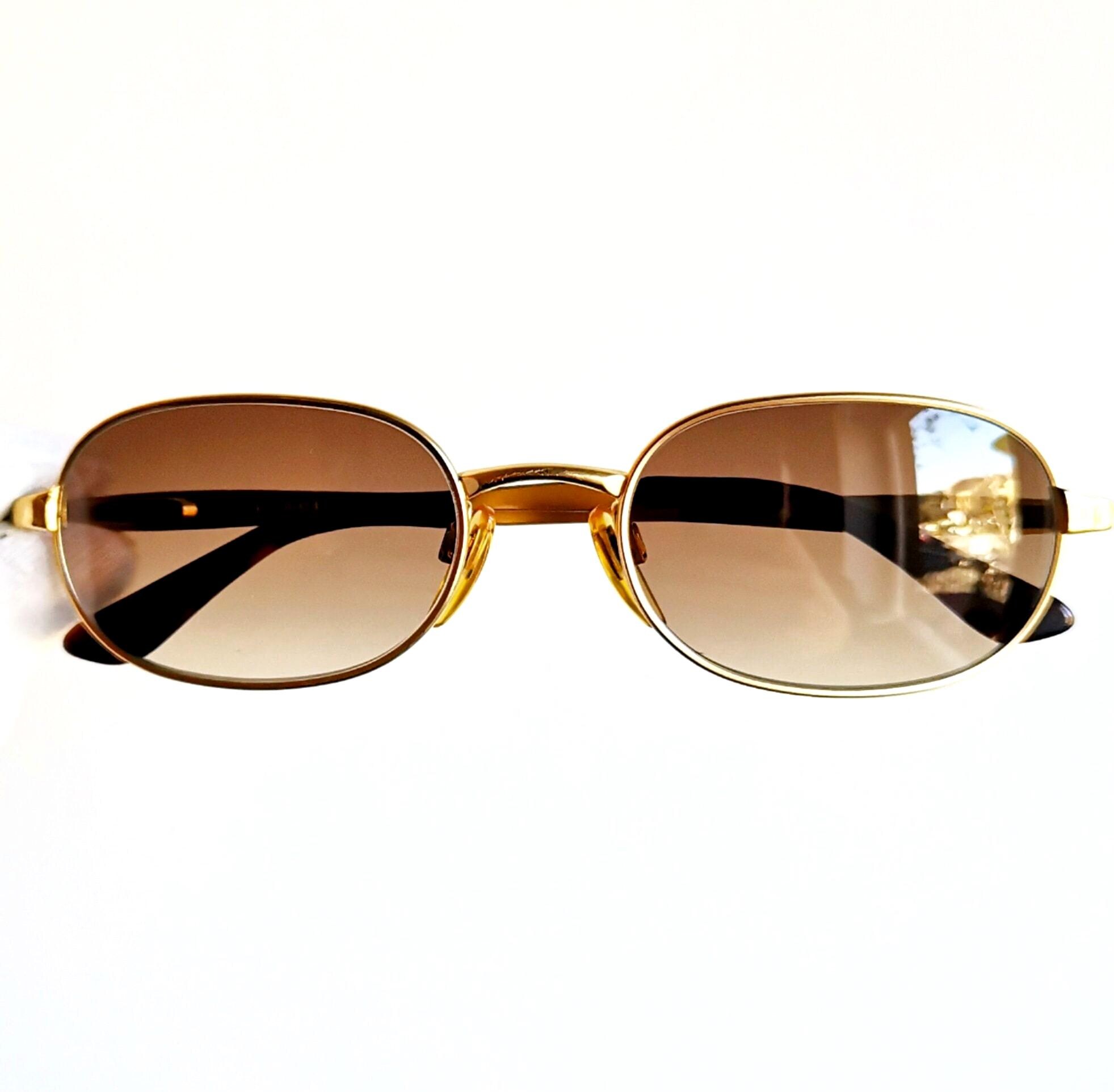 BVLGARI Vintage Sunglasses Oval Gold 101 Frame Brown Flat Blue