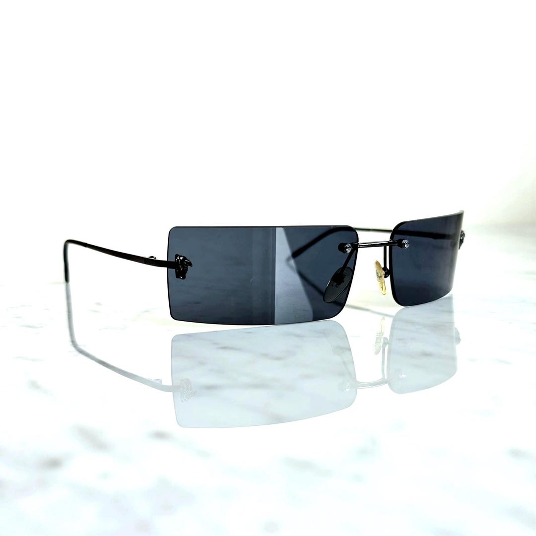 VERSACE Vintage Sunglasses Black Rectangular Rimless Medusa Gray