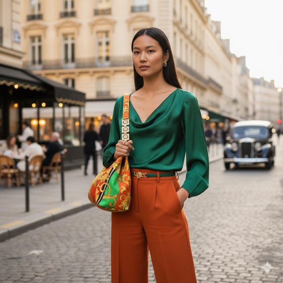 VERSACE Vintage Bag Gold Shoulder Sun Chain Strap Orange Green