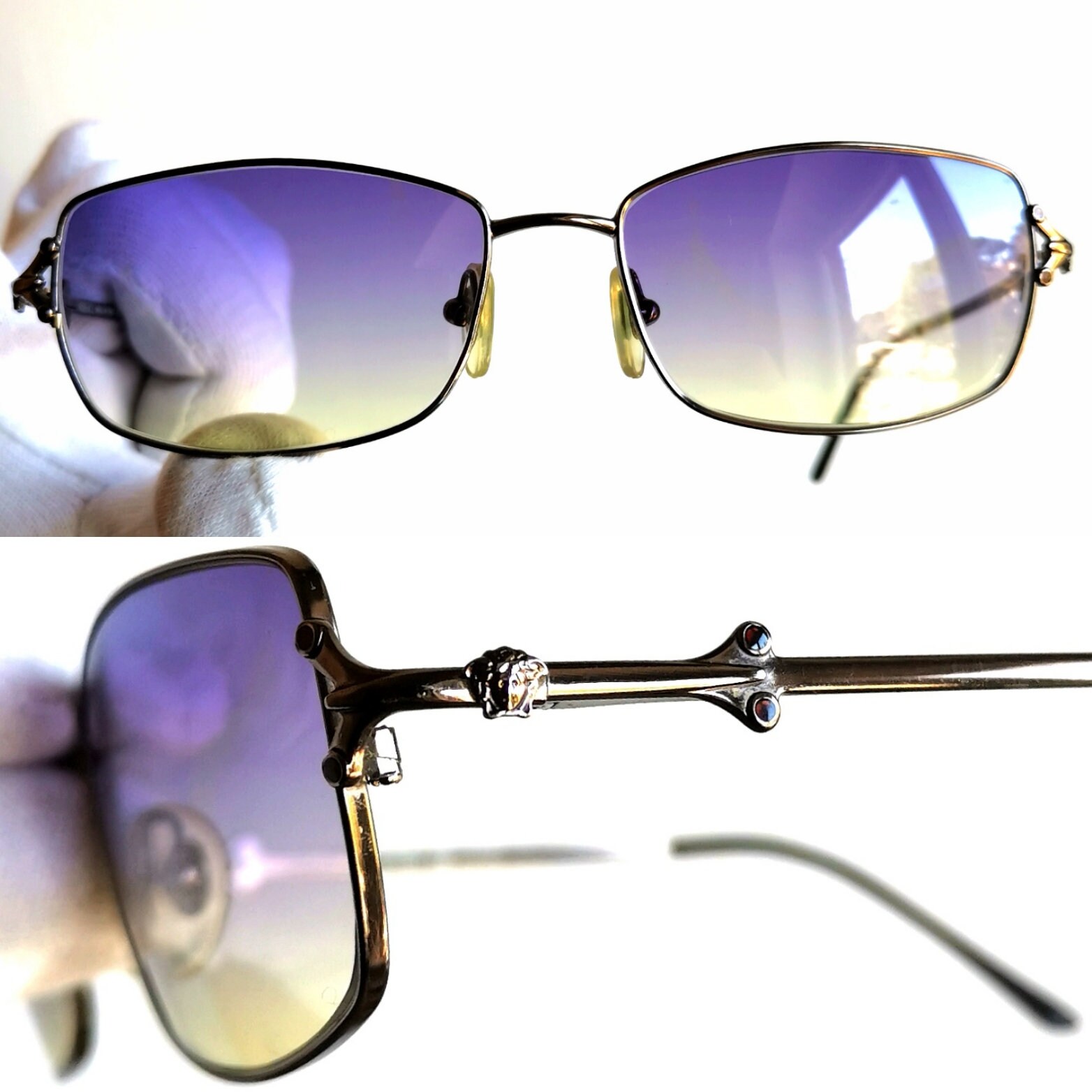 90s Vtg Versace H68 Silver Oval Medusa Sunglasses Custom Purple Lenses Full Set Gianni Versace 1996 Vintage Silver Medusa Oval Metal  main image 3