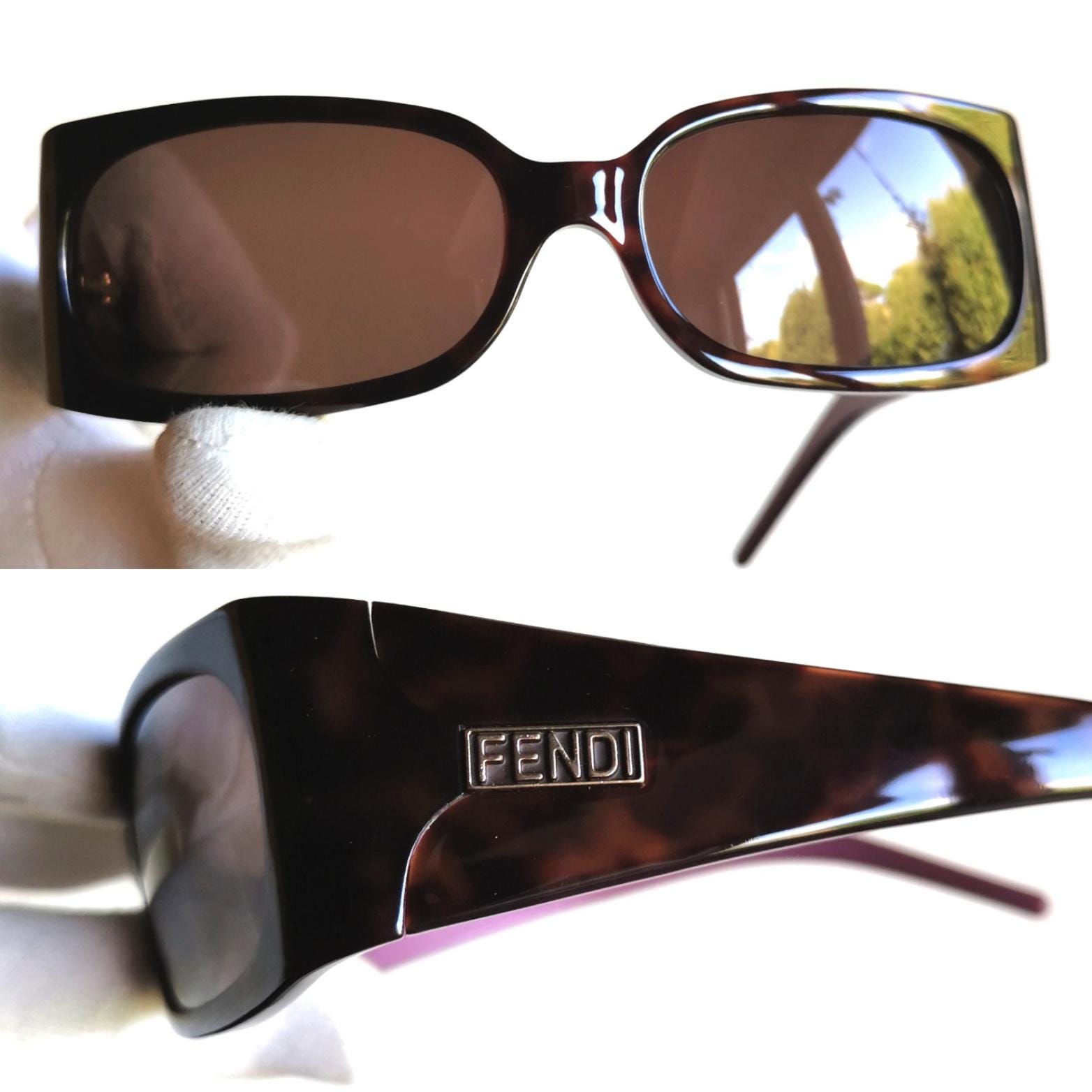 FENDI Sunglasses Tortoise Brown Purple Silver Rectangular Vintage