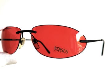 NEW RARE Vintage Versace Sunglasses Red Black WOW! VERSACE Vintage Sunglasses Oval Red Lenses Black Frameless  main image 4
