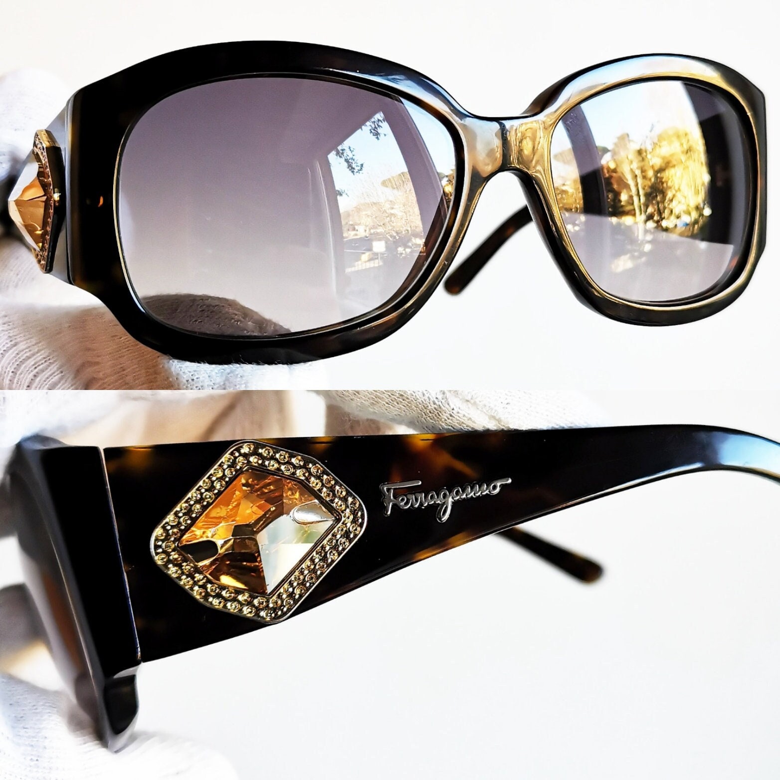 FERRAGAMO Vintage Sunglasses Brown 2146-B Yellow Amber Gold  display picture 2