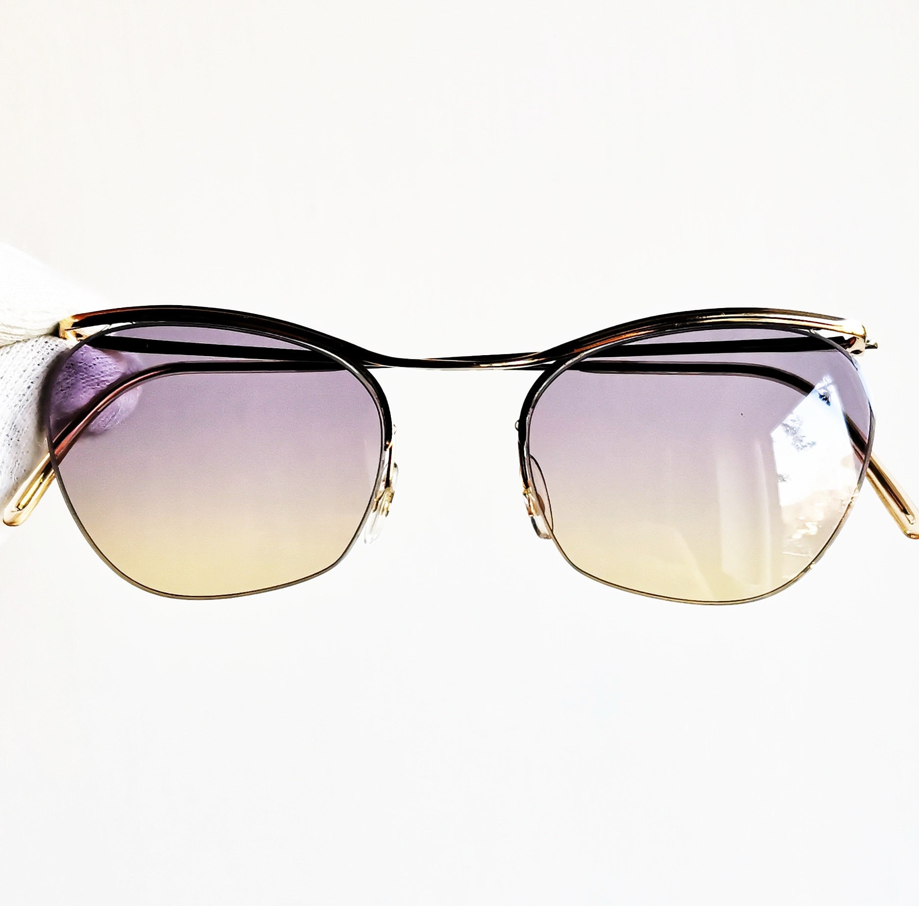 NYLOR ETOILE vintage sunglasses square oval half rim rimless  gold plated  laminate  frame new purple orange lens 80s NOS