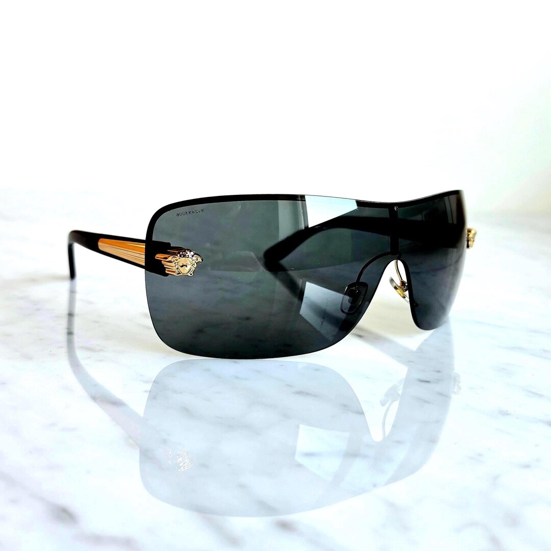 VERSACE Vintage Sunglasses Black Gold Medusa Square Frameless Mask