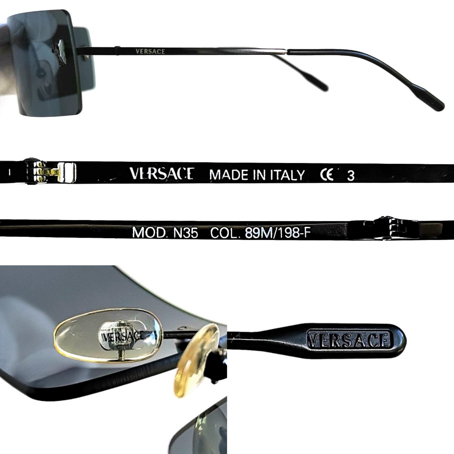 VERSACE Vintage Sunglasses Black Rectangular Rimless Medusa Gray