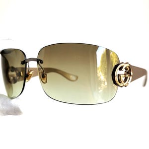 GUCCI Vintage Sonnenbrille oval rechteckig rahmenlos Wickelmaske 90s y2k 2833/S Brillengestell gold grau Bambus Horsebit Logo Bella Hadid Kylie Jenner