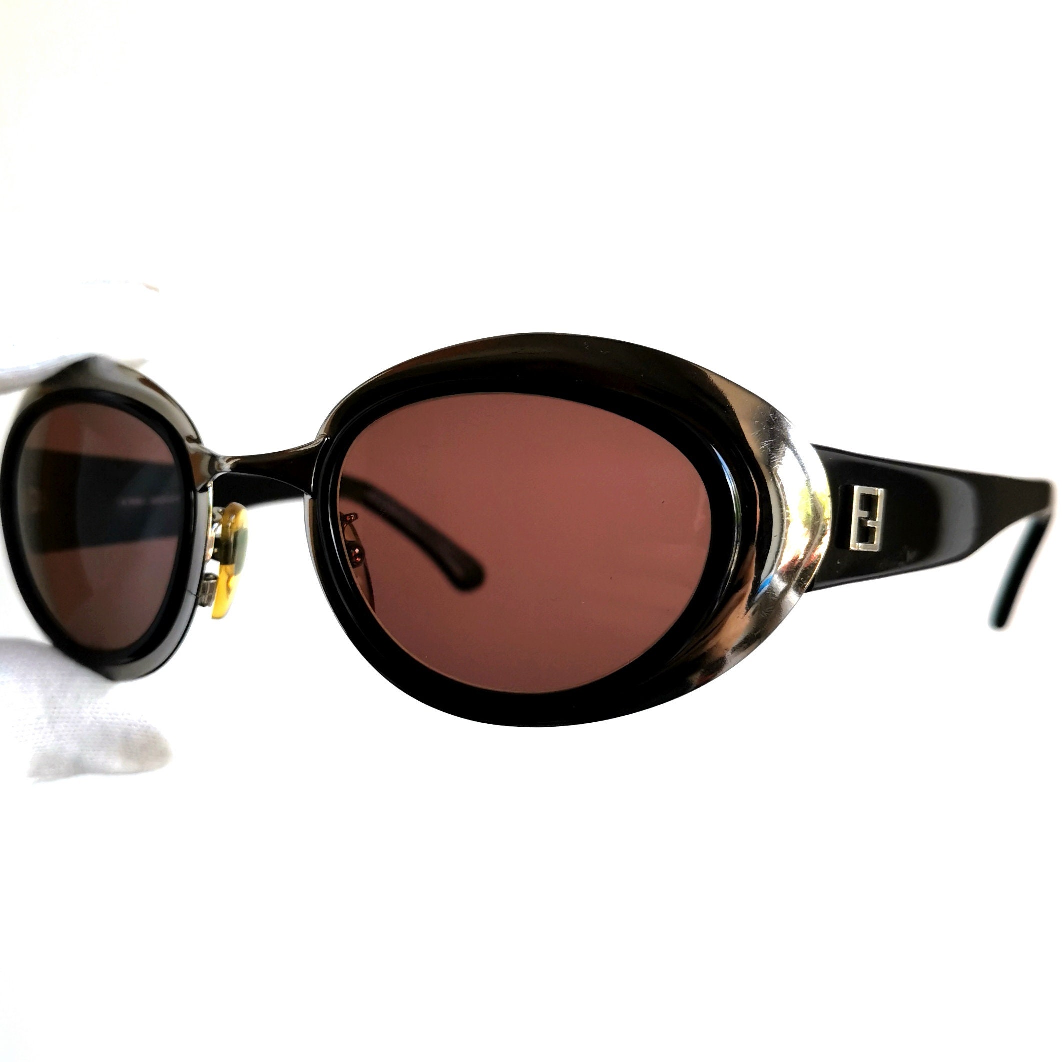FENDI Vintage Sunglasses Oval Silver Black SL7113 Wrap