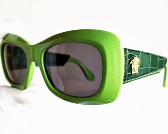 VERSACE vintage sunglasses rare square wrap mask acid green frame gold medusa genuine Gianni 417/P croc leather wrapped arm oval 90s new NOS