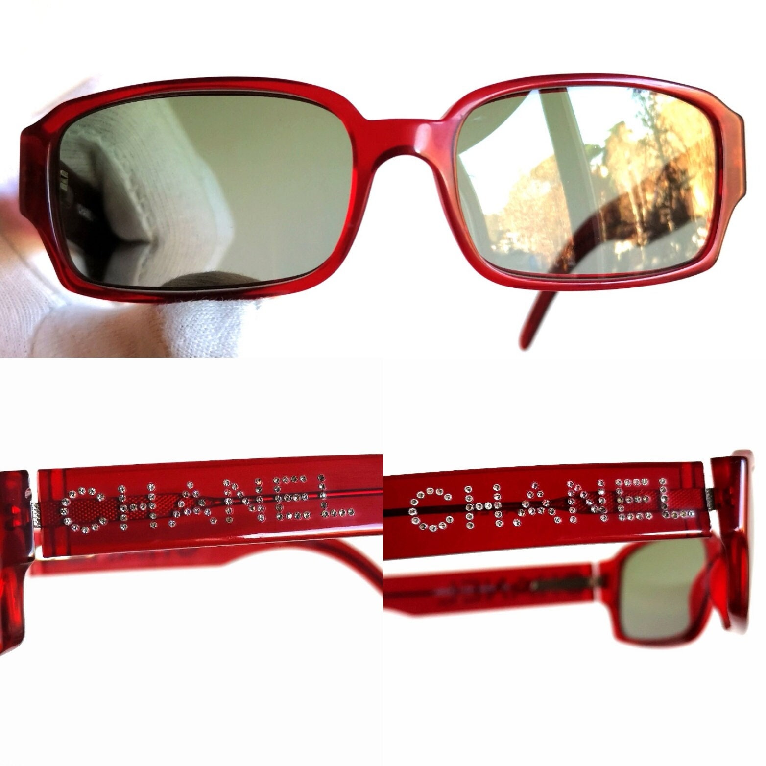 CHANEL vintage Sunglasses red Bella Hadid white rhinestone strass oval rectangular rare frame 3059 B 90s y2k new green lens Rihanna eyewear