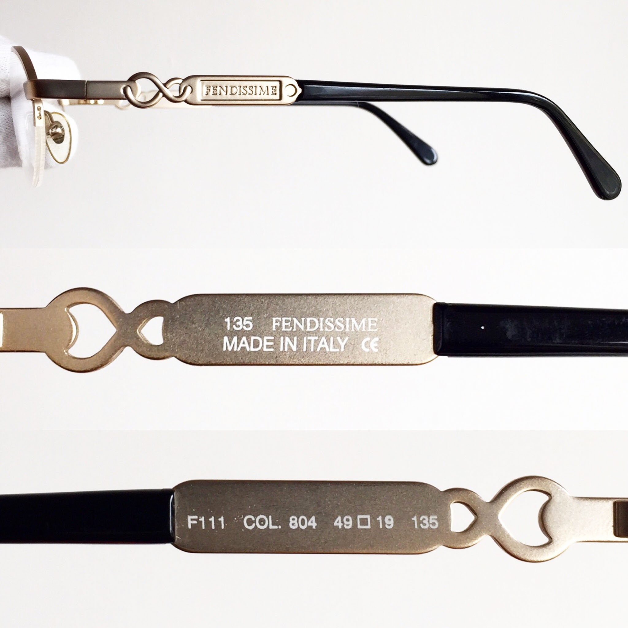 FENDI Gold Vintage Sunglasses Oval Black Rimless Small Tiny