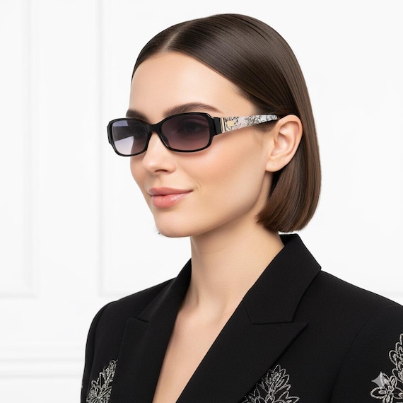 GUCCI Vintage Sunglasses Oval Rectangular Black White Flowers Gold