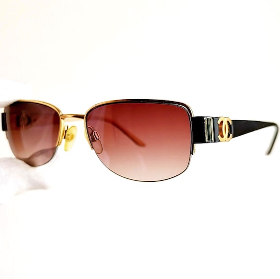 CHANEL Vintage Sunglasses Oval Small Tiny Black Gold