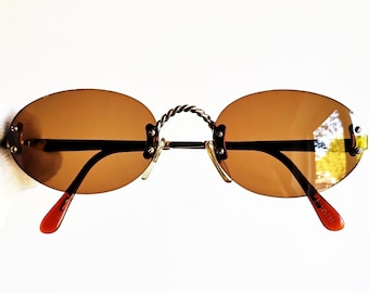 VALENTINO vintage sunglasses  oval engraved gold brown lens rimless  small tiny Migos Rihanna Tupac OLIVER 1813 hype frame 90s