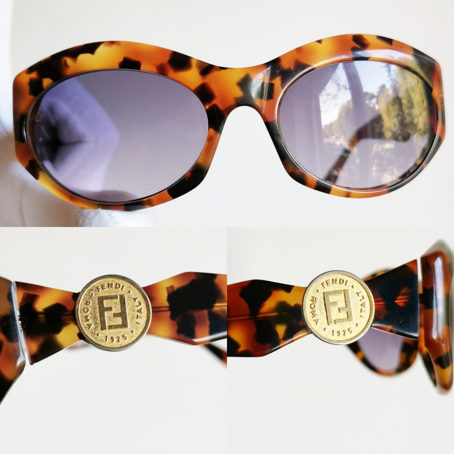 FENDI Vintage Sunglasses Oval Gold Ring Logo FF Brown FS229 Frame