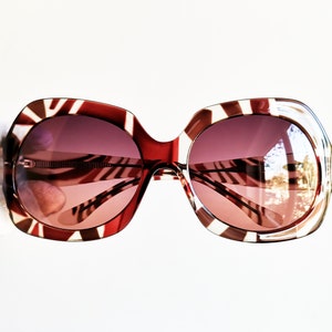 BADGLEY MISCHKA oversize sunglasses vintage rare square French style frame new pink purple lens made in Japan zebra red white stripes 90s
