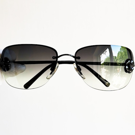 CHANEL 90s BLACK RHINESTONE LOGO RECTANGLE SUNGLASSES