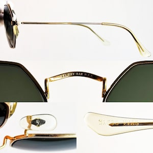 Pu&ograve; includere: Occhiali da sole Ray-Ban dorati con lenti verdi. Gli occhiali hanno una montatura esagonale e le aste sono contrassegnate con "Ray-Ban U.S.A." e "B&L Ray-Ban".