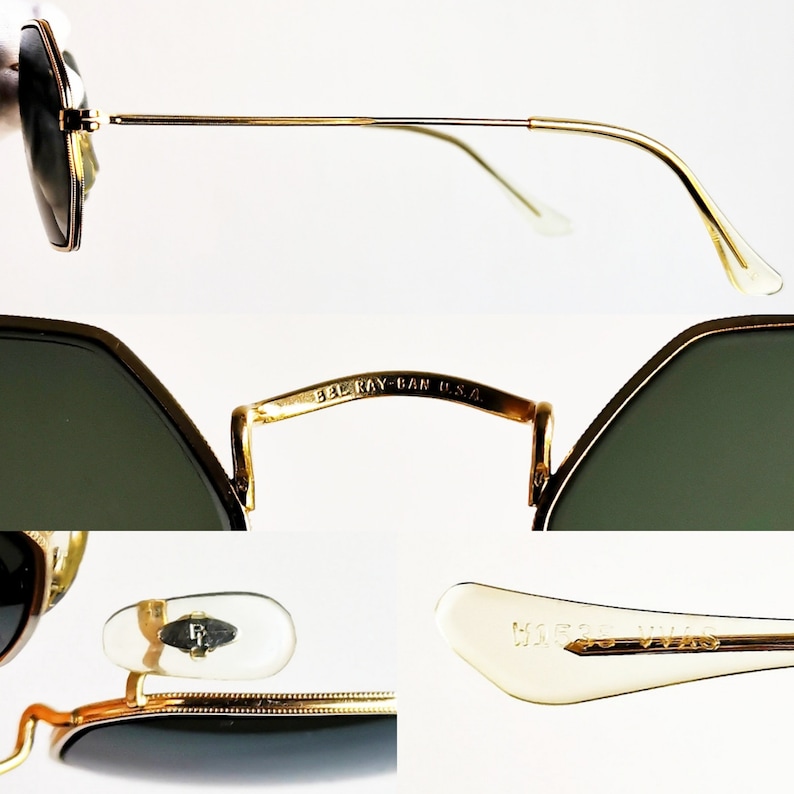 Pu&ograve; includere: Occhiali da sole Ray-Ban dorati con lenti verdi. Gli occhiali hanno una montatura esagonale e le aste sono contrassegnate con "Ray-Ban U.S.A." e "B&L Ray-Ban".