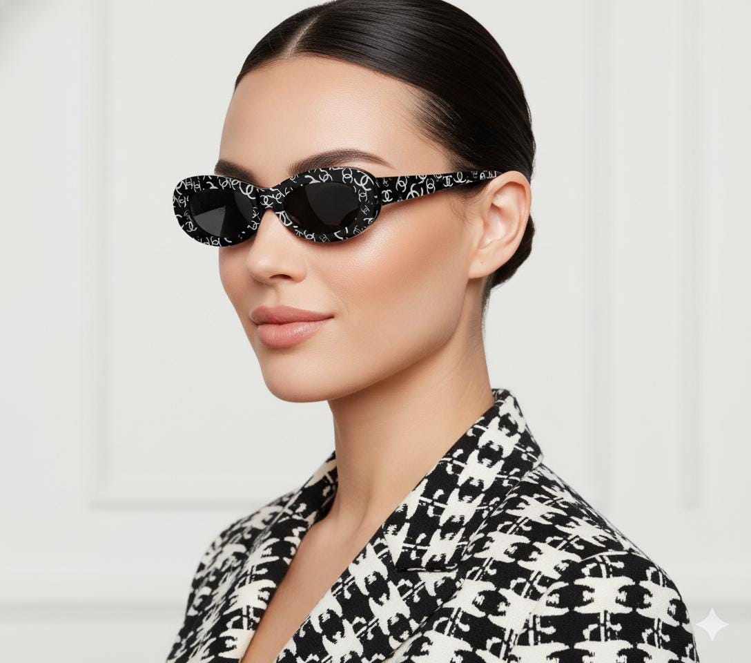 CHANEL Sunglasses Vintage CC White Monogram Logo Black Oval 2262