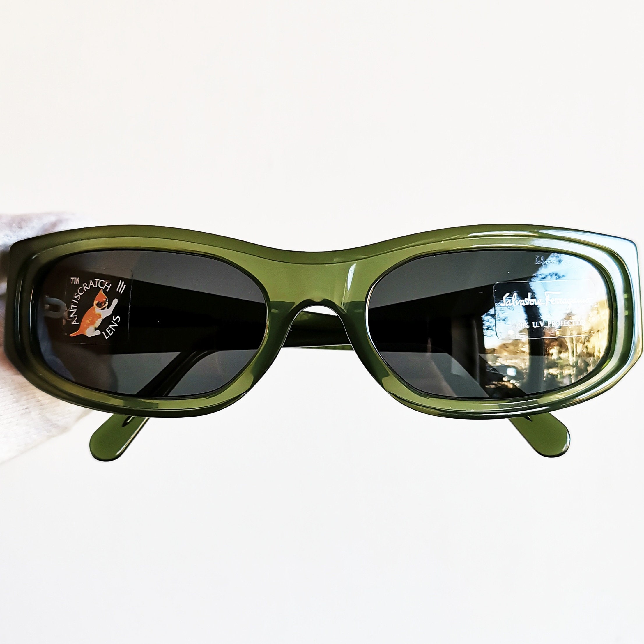 FERRAGAMO Vintage Sunglasses Green Oval Wrap Rectangular 
