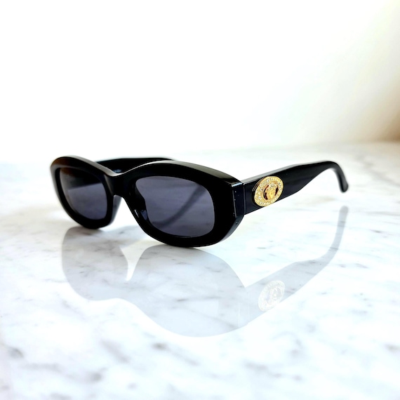 VERSACE Vintage Sunglasses Black Oval Gold Medusa White Strass