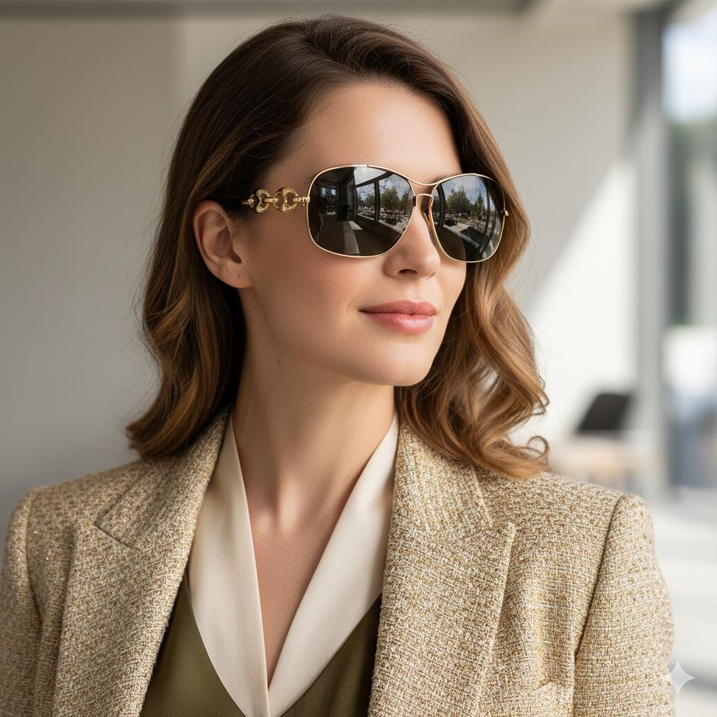 GUCCI Vintage Sunglasses Oversize Square Gold Ring Chain Aviator